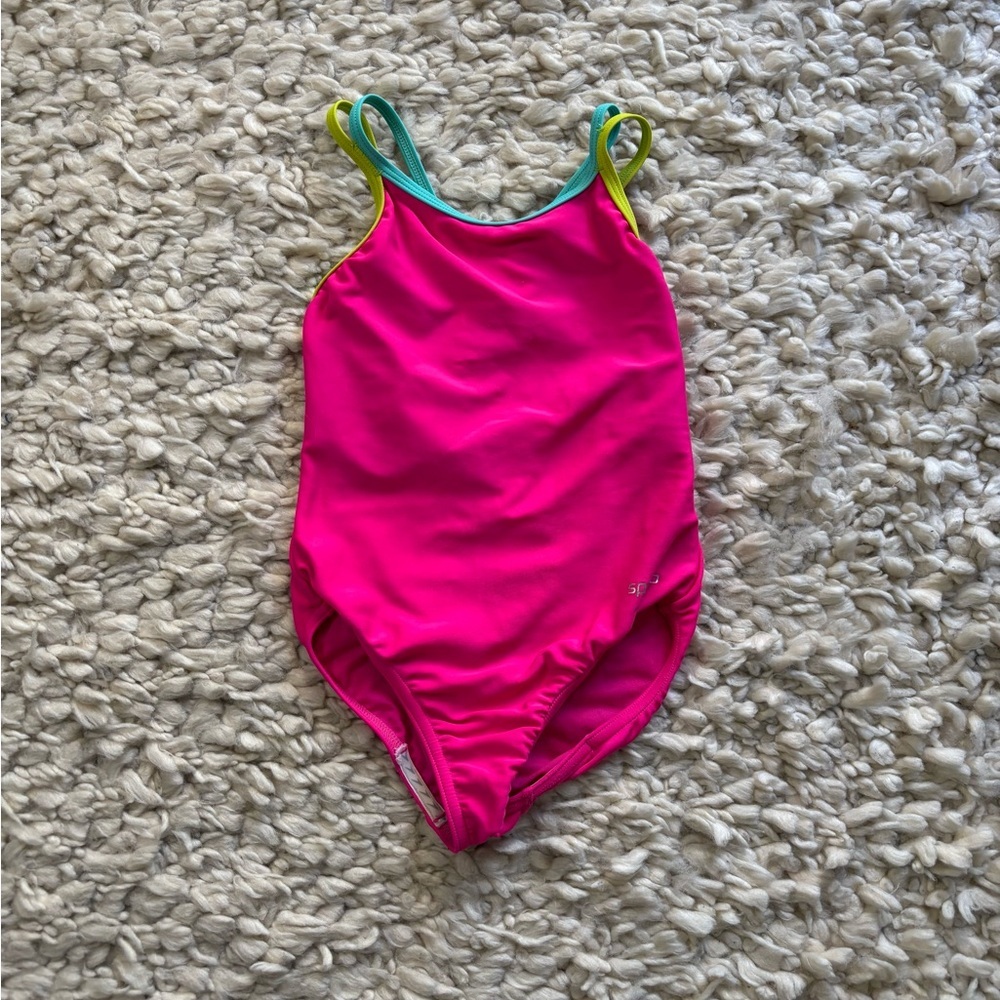 Speedo Kids Swim One Piece - Pink with Blue and Yellow Accents